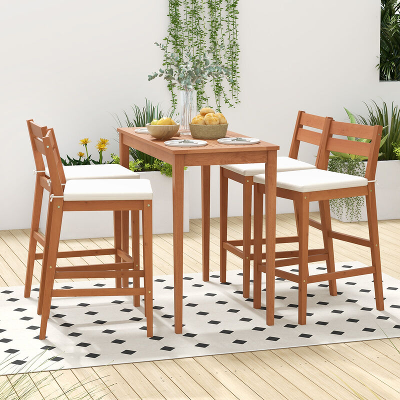 Set of 2 Outdoor Wood Barstools with Soft Seat Cushion-Off White
