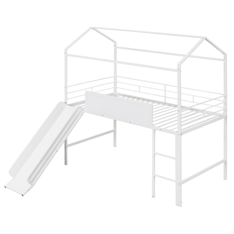 Metal House Bed With Slide, Twin Size Metal Loft Bed with Two-sided writable Wooden Board (White )