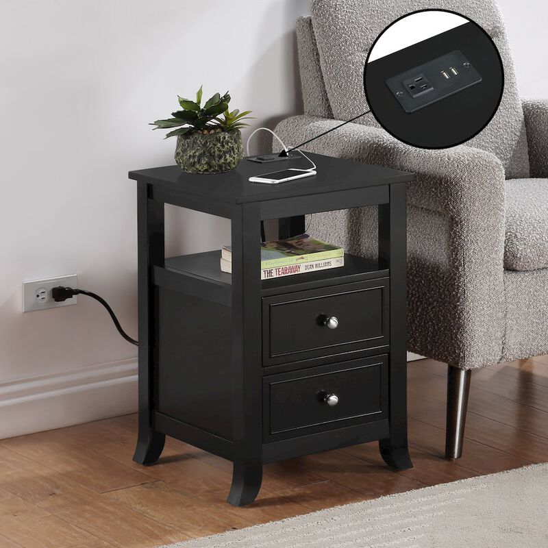Convenience Concepts Melbourne 2 Drawer End Table with Charging Station and Shelf