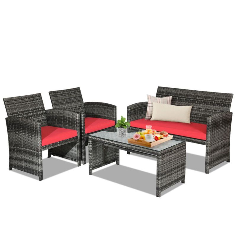 4 Pieces Patio Rattan Furniture Set with Glass Tabletop