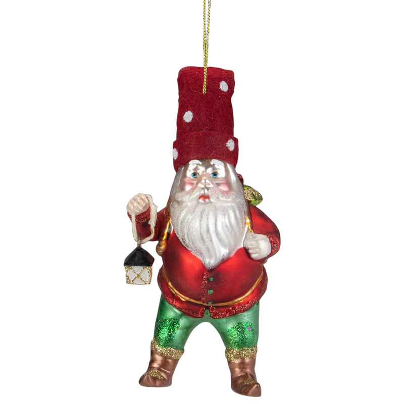 6" Gold and Red Gnome with Lantern and Flower Basket Glass Christmas Ornament