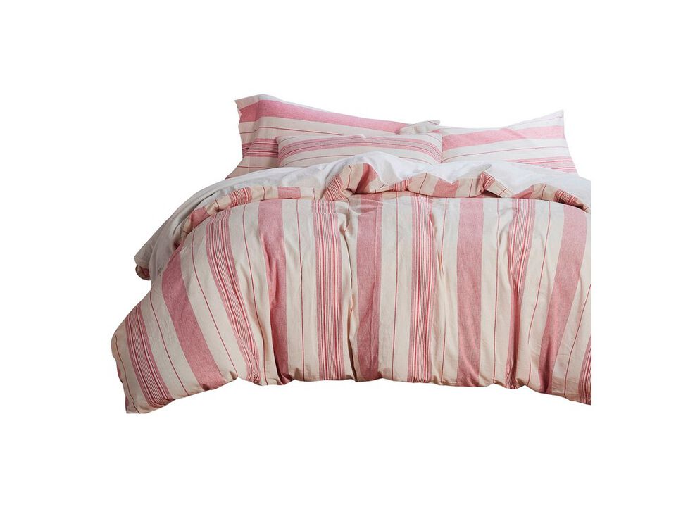 3 Piece Queen Comforter Set with Vertical Stripes Pattern, White and Pink - Benzara