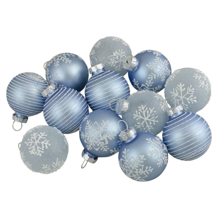 12ct Light Blue Glitter Textured Glass Christmas Ball Ornaments 1.75" (45mm)