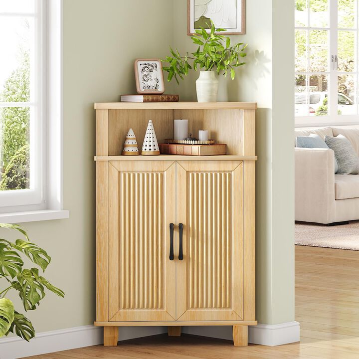 Wooden Fluted Corner Storage Cabinet with Door, Compact Space Saving Design-Beige