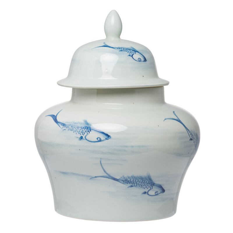 18 Inch Porcelain Ginger Jar, Artful Wispy Fish, Classic White and Blue - Benzara