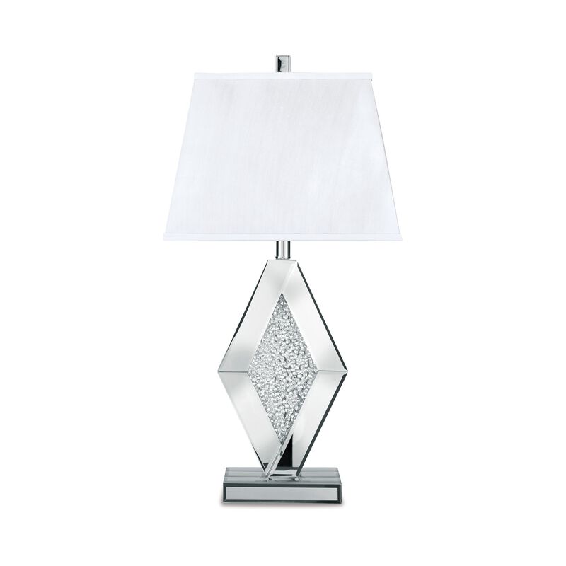 30 Inch Table Lamp, Mirrored Crystal Accent Geometric Base, Chrome, White - Benzara