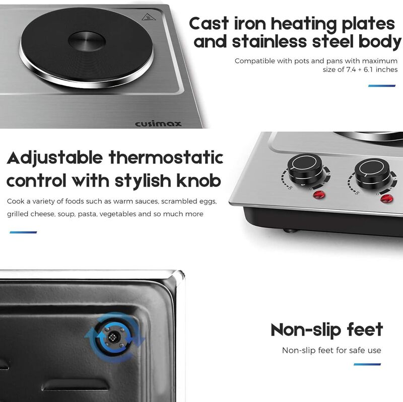 Cusimax Hot Plate, 1800W Electric Burner Double Hot Plate for Cooking Countertop Burner with Adjustable Temperature Control, Portable Cooktop image number 6