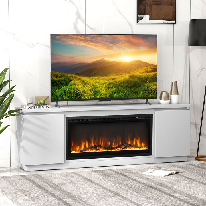 Large Fireplace TV Stand for 80 Inch TVs with 3 Adjustable Storage Shelves-White