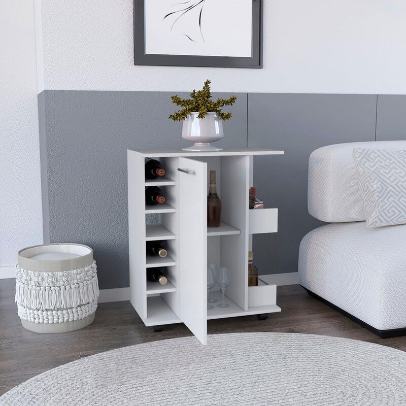 Bar Cart with 6-Built in Bottle Racks, Casters and 2-Open Side Shelves, White