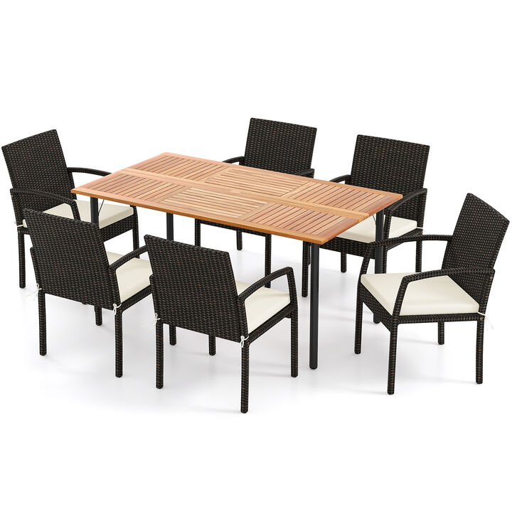 White 7-Piece Acacia Wood Patio Dining Set with Cushions and Umbrella Hole