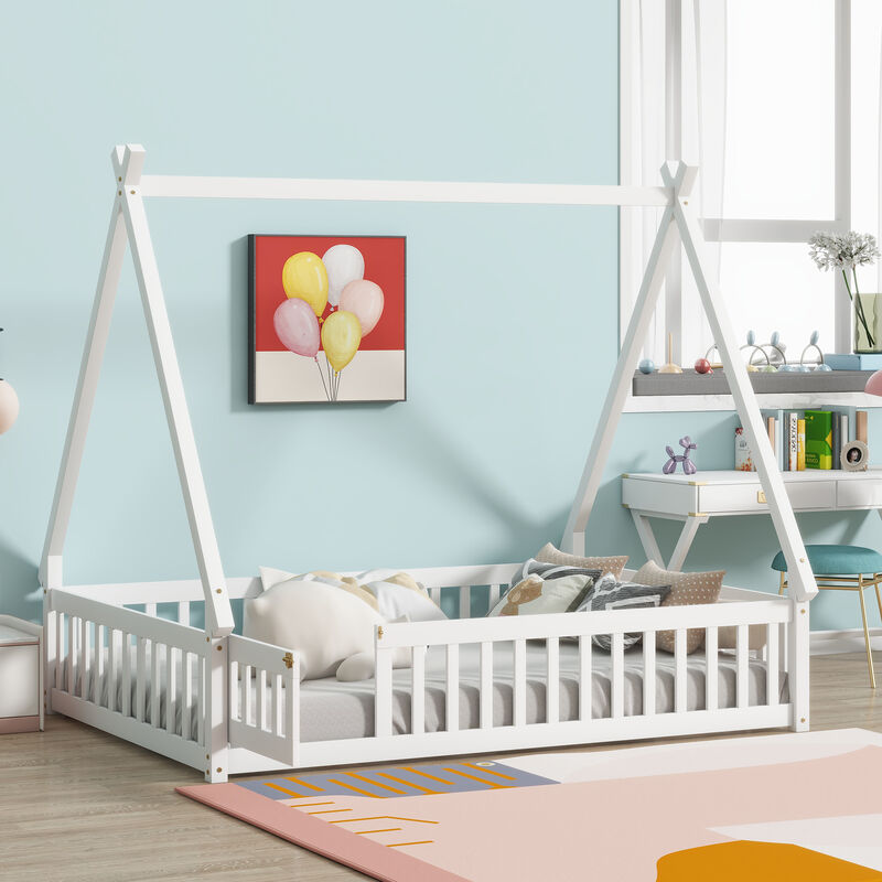 Whisen Wooden Teepee Tent Bed with Guardrails and Slats, Full Floor Bed with Door for Kids image number 3