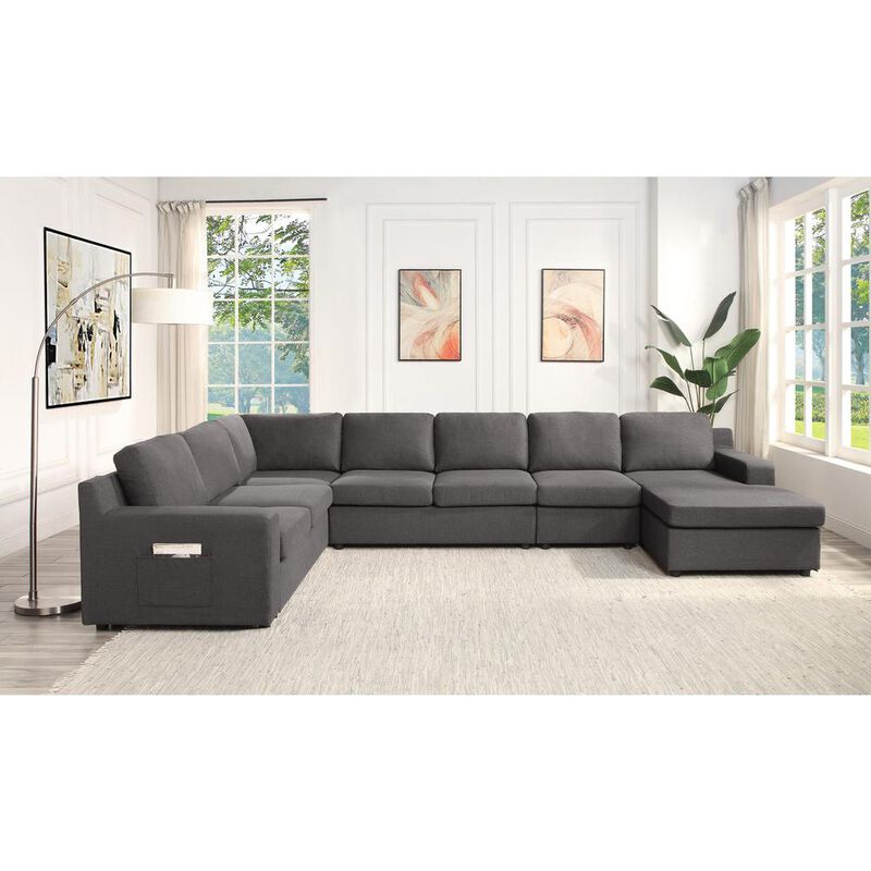 Lilola Home Waylon Gray Linen 7-Seater U-Shape Sectional Sofa Chaise with Pocket