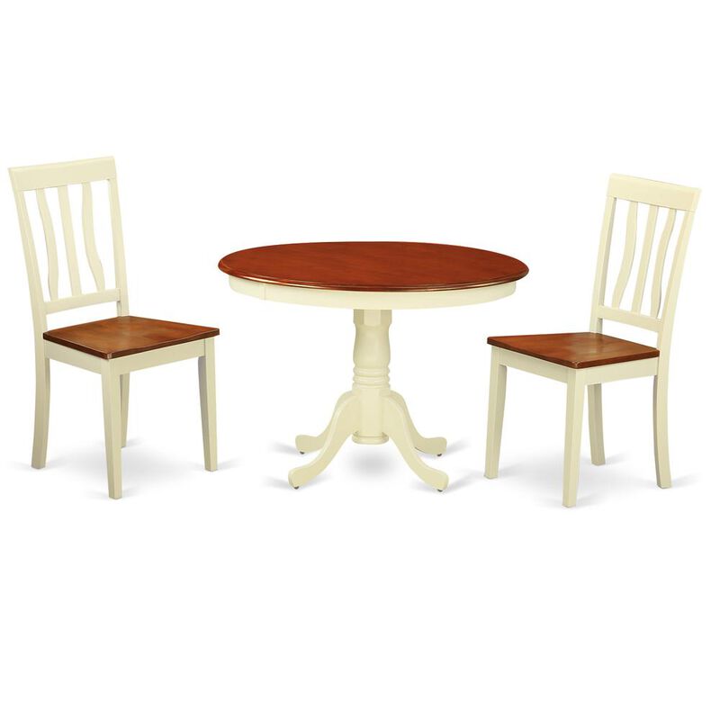 3 Pc set with a Round Dinette Table and 2 Wood Kitchen Chairs in Buttermilk and Cherry