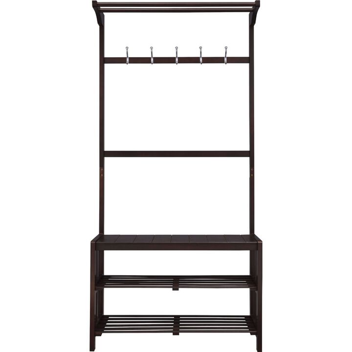 Hall Tree with 5 Hooks and 2 Slatted Shelves, Espresso Brown - Benzara