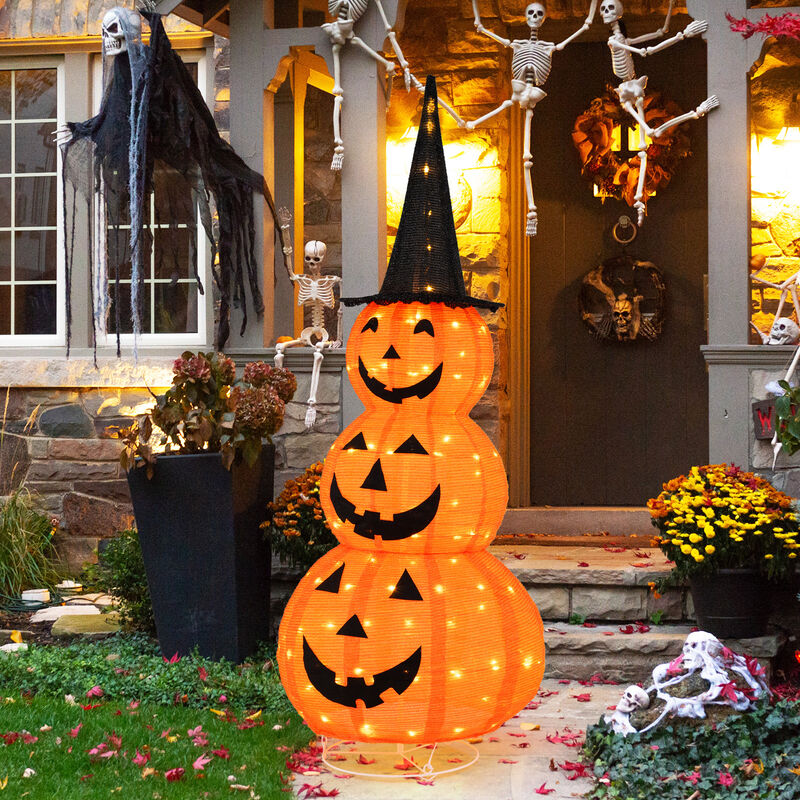 Lighted Stacked Pumpkins Halloween Decoration with Witch Hat image number 2