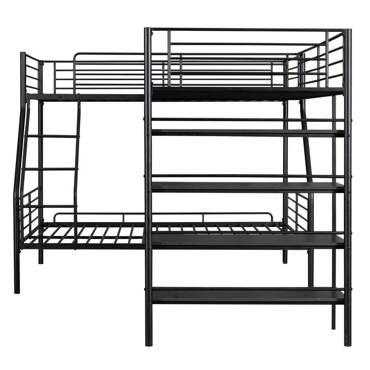 Whisen L-Shaped Metal Twin over Full Bunk Bed and Twin Size Loft Bed with Four Built-in Shelves- Black&nbsp;