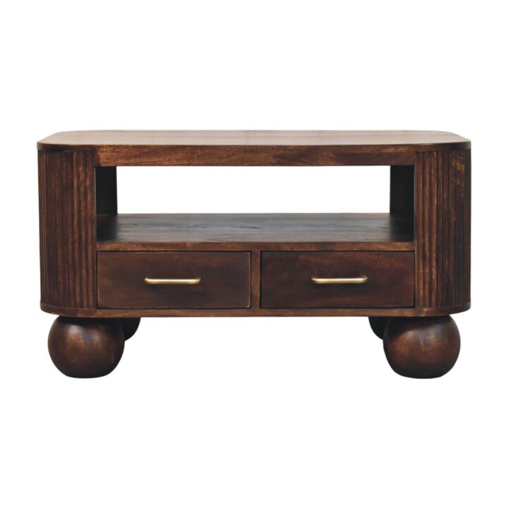 Artisan Furniture Solid Wood Sphere Leg Coffee Table,Ball Feet,Brown with 2-Drawers,1-shelf