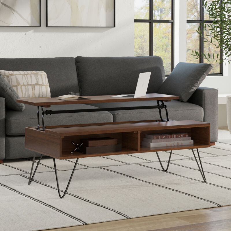 Hunter  48 inch Wide Rectangle Industrial Lift Top Coffee Table in Walnut Veneer