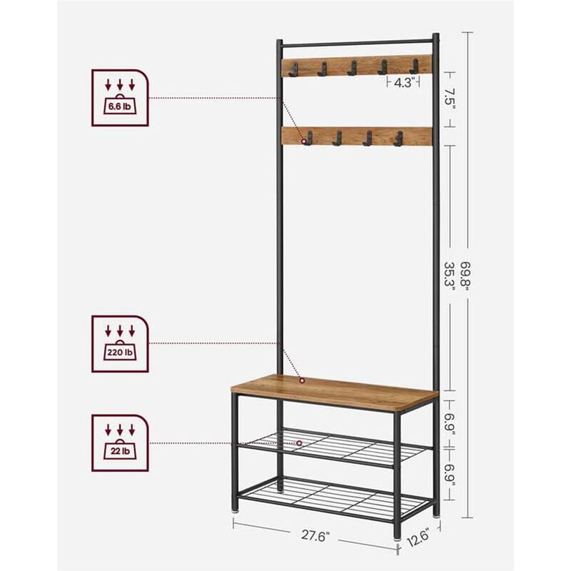 Coat Rack and Shoe Bench with Storage Shelf and Metal Frame