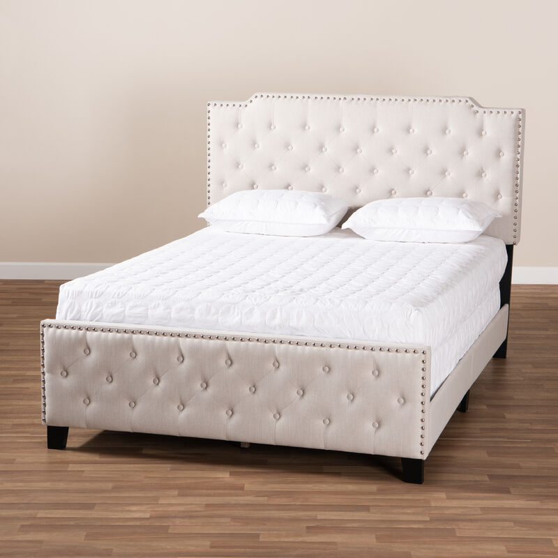 Baxton Studio Marion Transitional Cream Fabric Upholstered Button Tufted Queen Size Panel Bed