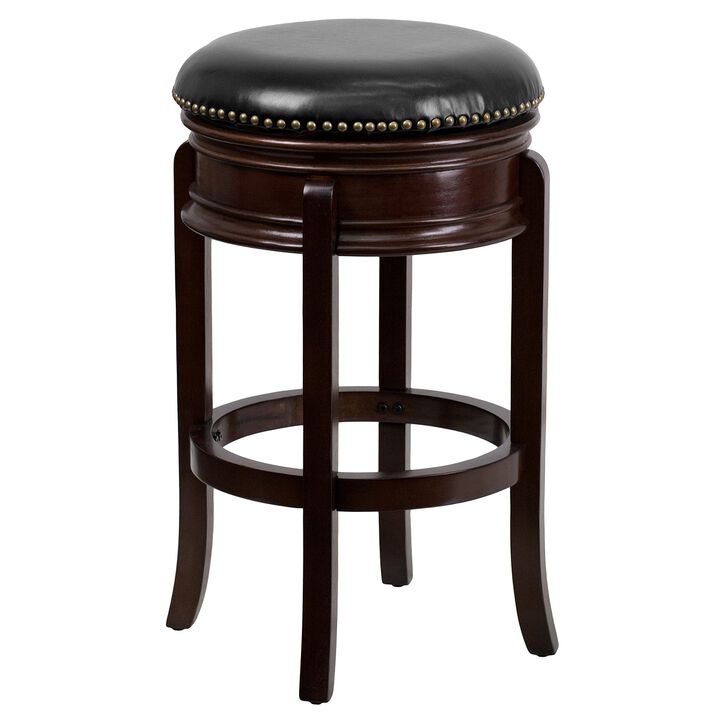 Flash Furniture Carol 29'' High Backless Cappuccino Wood Barstool with Carved Apron and Black LeatherSoft Swivel Seat
