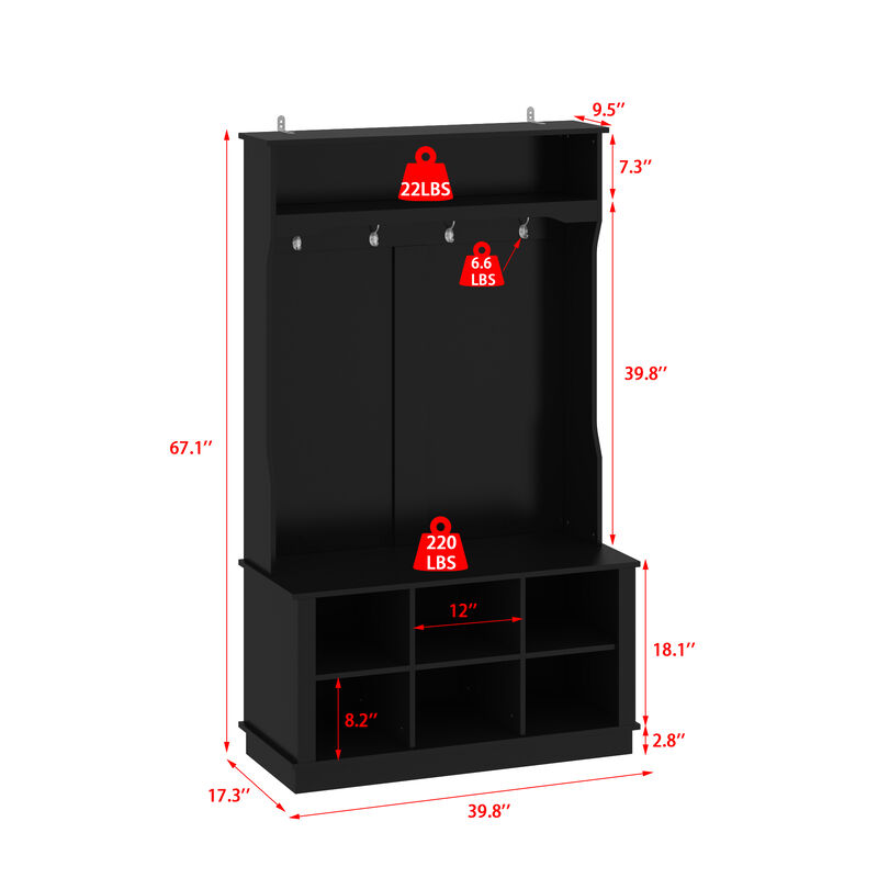 Gray Painted Hall Tree with Shoe Bench, Hanging Hooks, and Storage Cubbies, Entryway