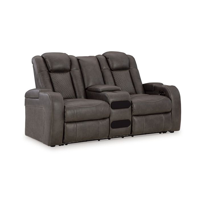 Fynne LED Power Reclining Loveseat, USB, Gray Faux Leather 74 Inch - Benzara