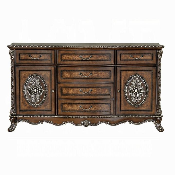 Vany Wide Dresser, Traditional Floral Trim, 6 Drawers, Cherry Brown - Benzara