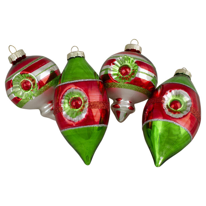 4ct Red  Green and Silver Vintage Glass Christmas Ornaments 3.25-Inch (80mm)