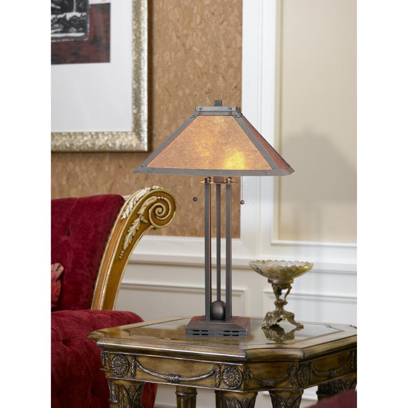 Hivvago 25" Gray Metal Two Light Cylinder Table Lamp With Amber Square Shade