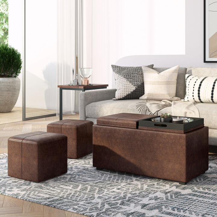 Avalon 5 Piece Storage Ottoman in Distressed Chestnut Brown Faux Leather