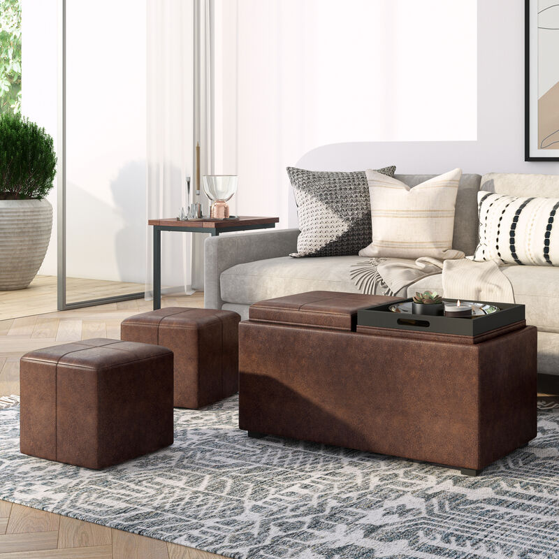 Avalon 5 Piece Storage Ottoman in Distressed Chestnut Brown Faux Leather