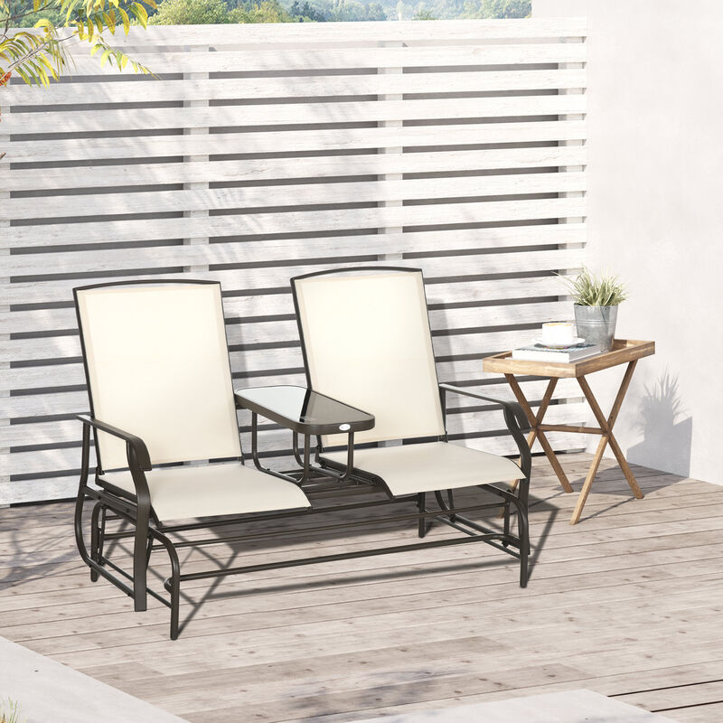 Outsunny Outdoor Glider Bench with Center Table, Metal Frame Patio Loveseat with Breathable Mesh Fabric and Armrests for Backyard Garden Porch, Beige