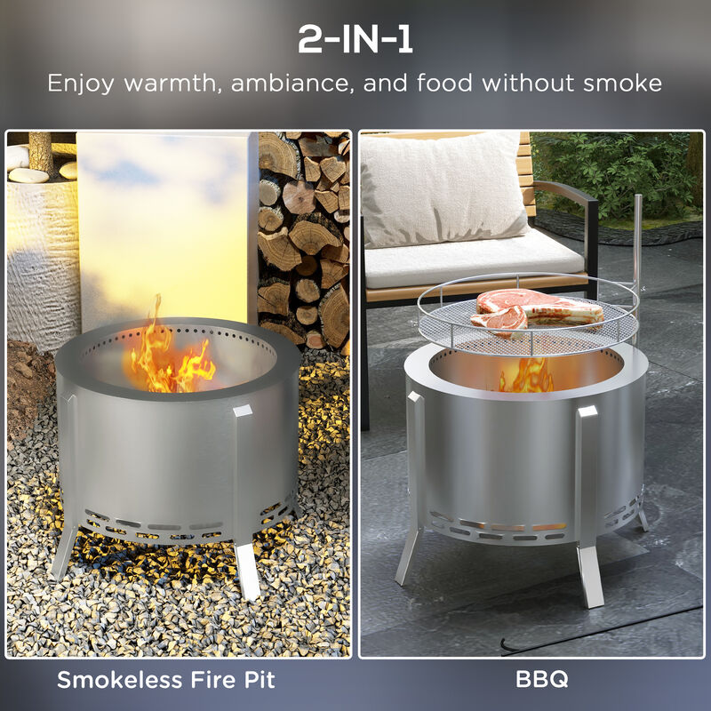 Outsunny 2-in-1 Smokeless Fire Pit, BBQ Grill, 19" Portable Wood Burning Firepit with Cooking Grate and Poker, Low Smoke Camping Bonfire Stove for Backyard Patio Picnic, Stainless Steel, Silver