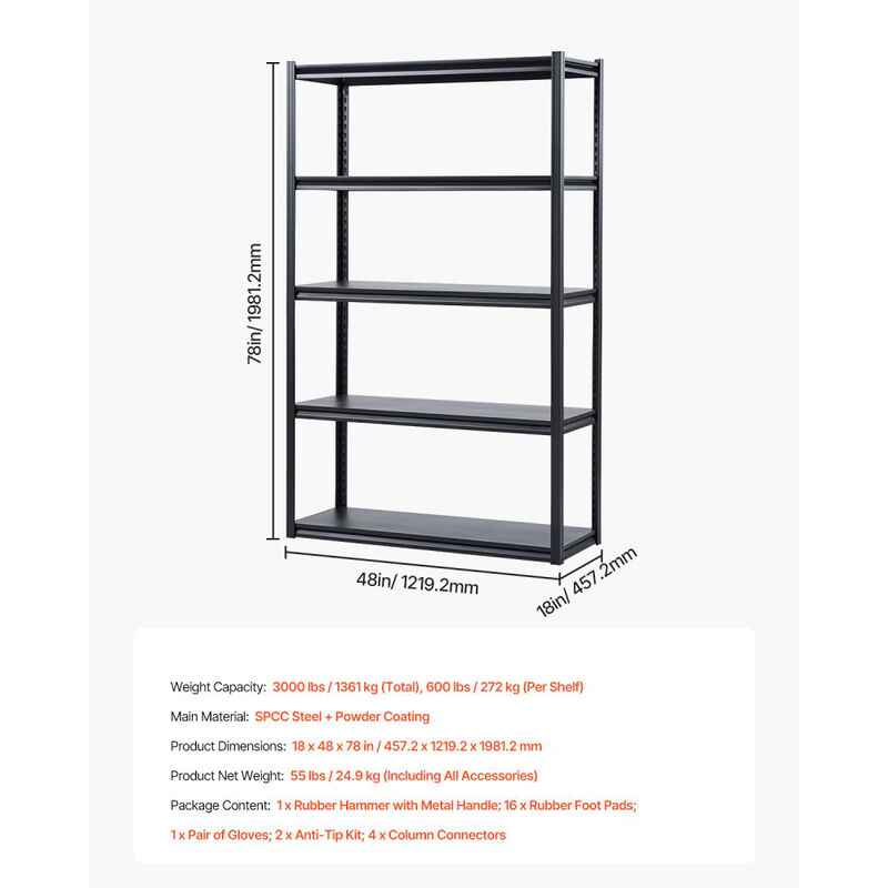 5 Tier Metal Storage Shelving 3000 Lbs Adjustable Garage Utility Rack image number 2