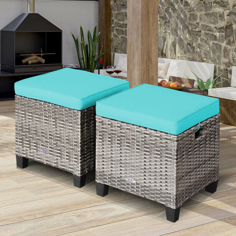 2PCS Patio Rattan Wicker Ottoman Seat with Removable Cushions
