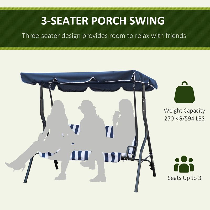 3-Person Patio Porch Swing with Adjustable Canopy for Adults, Steel Frame, Seat & Backrest Cushion, Armrests, Dark Blue & White Striped
