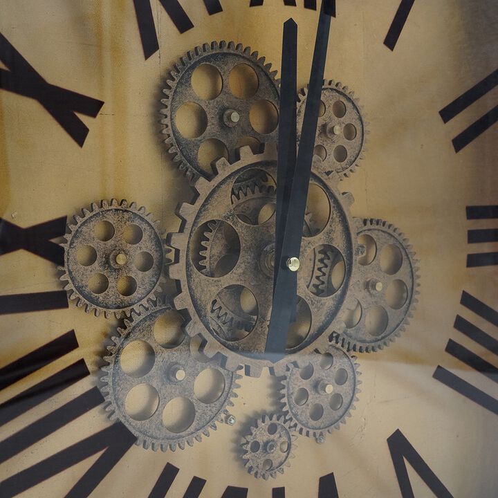 16 Inch Square Wall Clock, Gear Design, Roman Numeral, Gold, Black Finish - Benzara