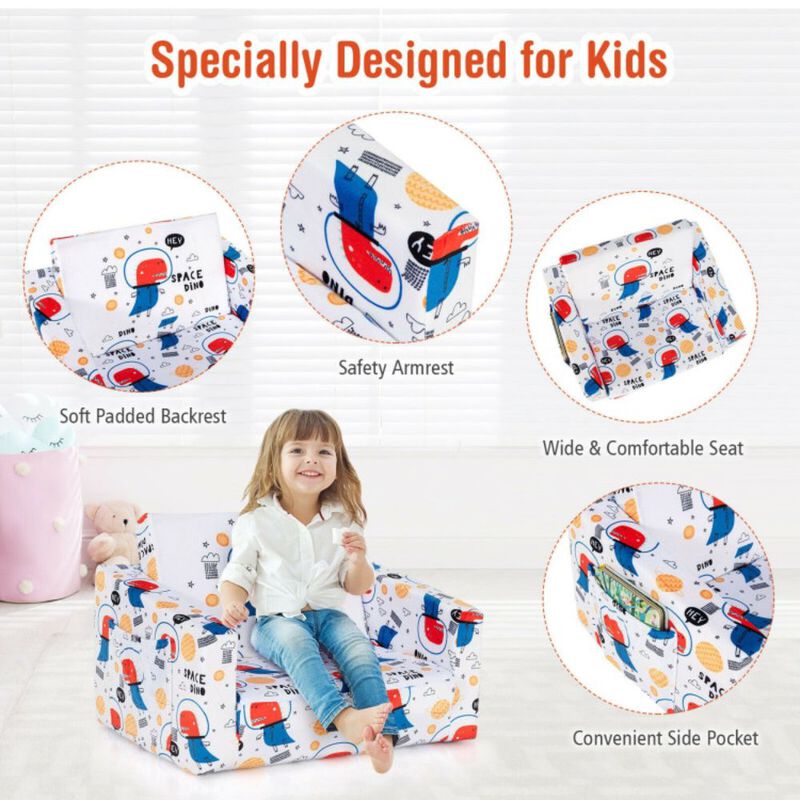 2-in-1 Convertible Kids Sofa with Velvet Fabric - White