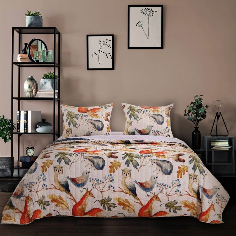 2-Piece Reversible Quilt Set with Birds Animals and Floral Print