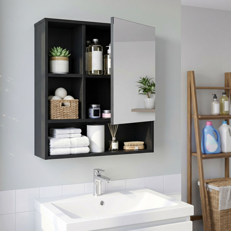 Bathroom Wall Mirror Cabinet with 2 Hidden Shelves and 3 Open Cubbies image number 2