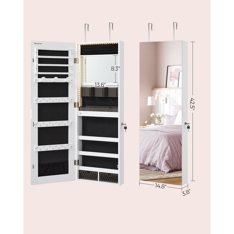 Jewelry Cabinet Armoire with LED Lights - Wall-Mounted with Full-Length Frameless Mirror