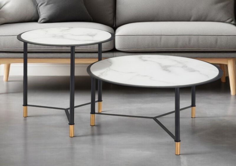 Hivvago Set of Two White and Black Faux Marble And Glass And Steel Round Bunching Coffee Tables