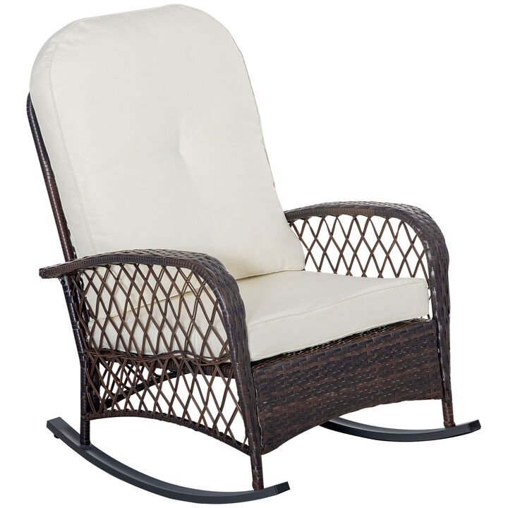 Outsunny Outdoor Wicker Rocking Chair with Wide Seat, Thick, Soft Cushion, Rattan Rocker w/Steel Frame, High Weight Capacity for Patio, Garden, Backyard, Cream White