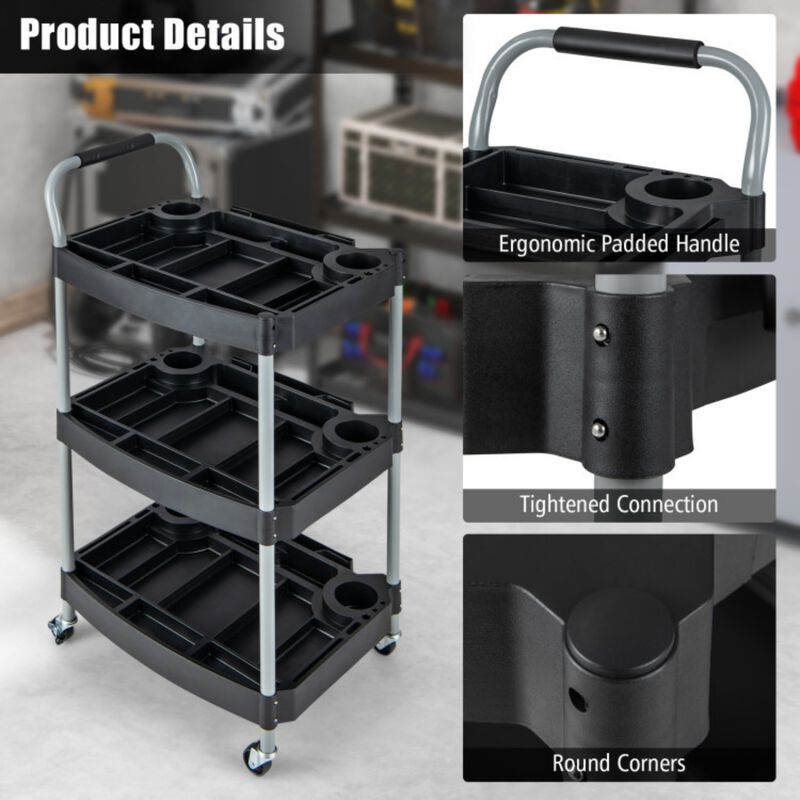3-Tier Rolling Utility Cart with Lockable Wheels for Garage and Salon image number 4