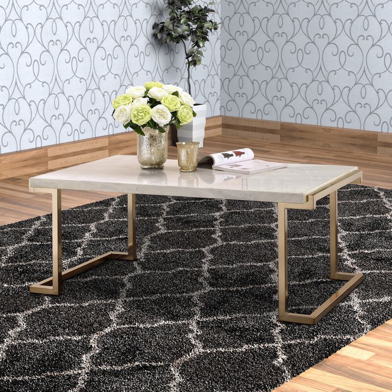 Faux Marble Top Coffee Table With Metal Base, White And Gold-Benzara