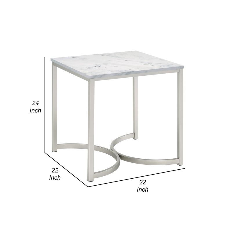 24 Inch End Table, Faux Marble Rectangular Top, Cantilever Steel Base  - Benzara
