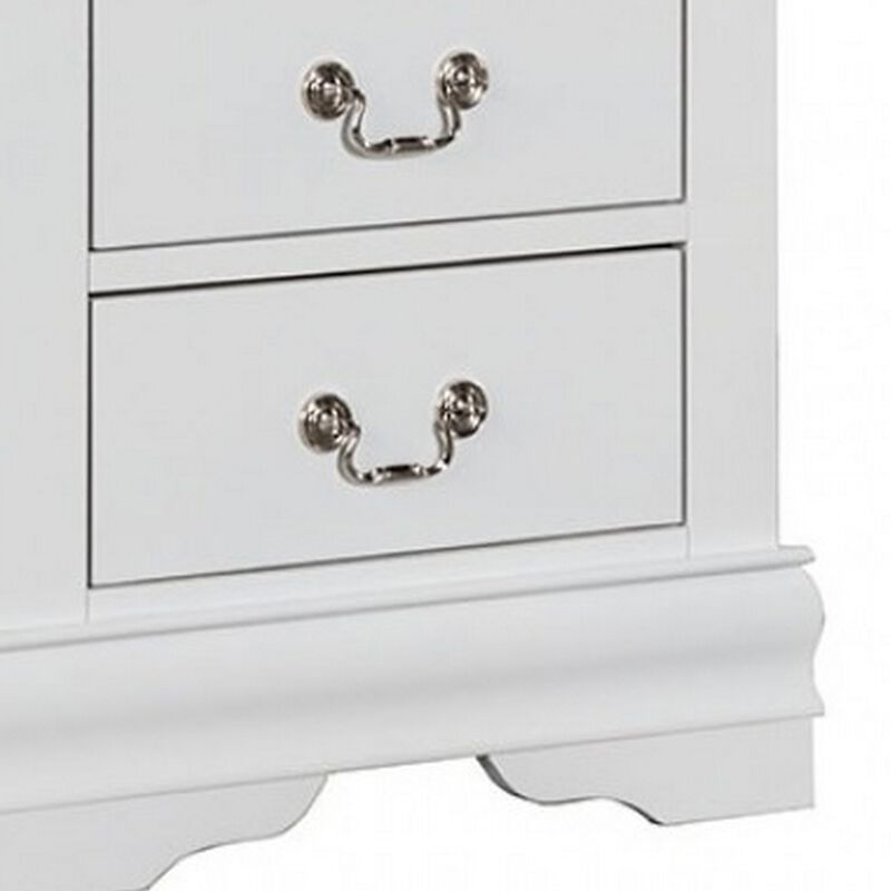 Ryla Nightstand, 2 Drawers, Classic White Solid Wood, Nickel Metal Handles - Benzara