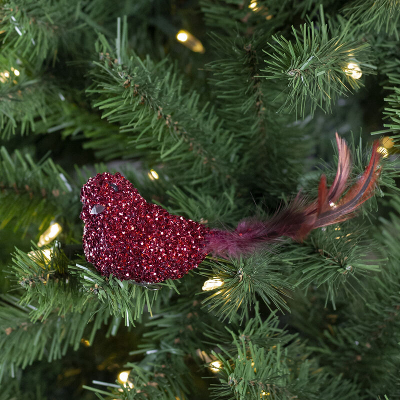6" Red Sequined Bird with Feather Tail Christmas Ornament with Clip image number 1