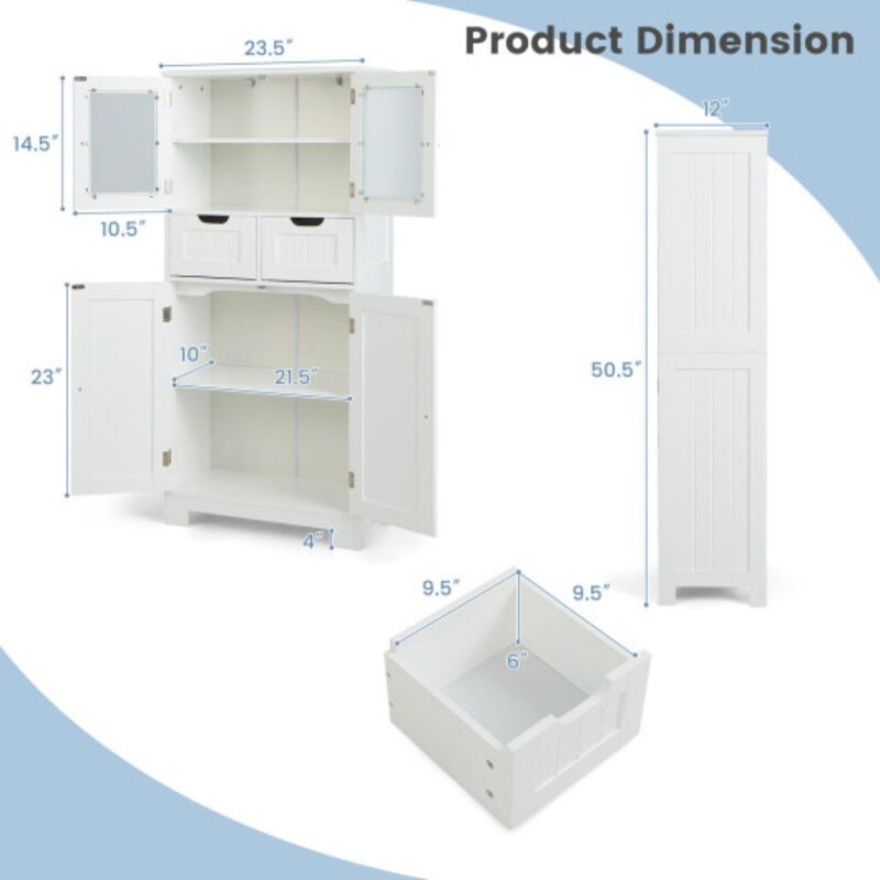 3 Tier Free-Standing Bathroom Cabinet with 2 Drawers and Glass Doors